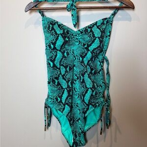 No Boundaries Teal and Black Snake-Print One-Piece Swimsuit